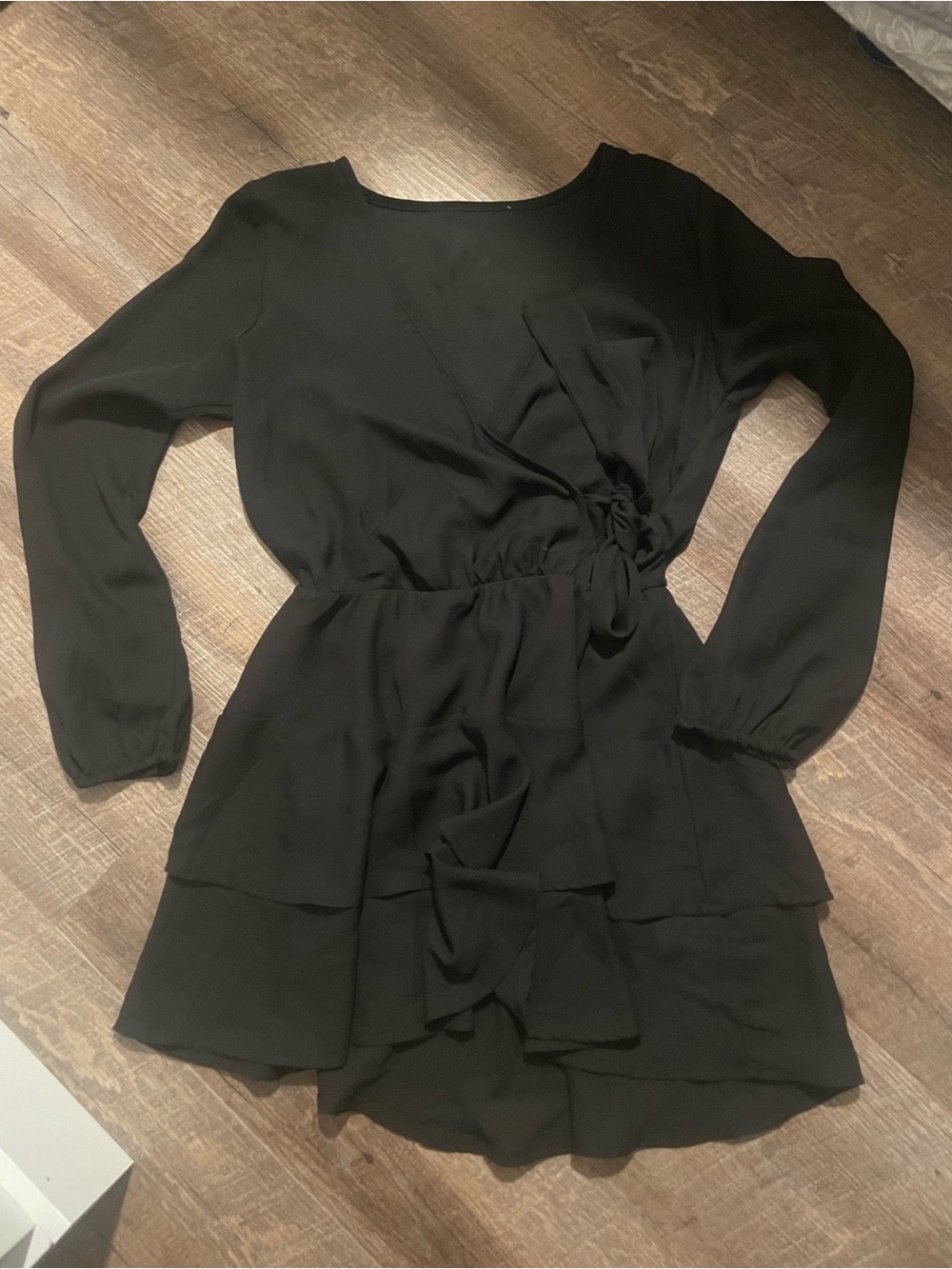 Black Long-Sleeve Wrap Mini Dress - Elegant Layered Ruffle